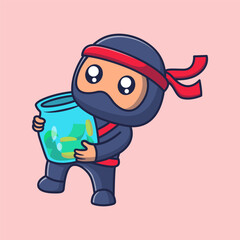 Obraz premium Cute ninja holding jar filled with money cartoon icon illustration 