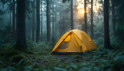 Tent in misty forest Sunrise glows in background, lighting the tent