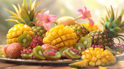 A vibrant display of tropical fruits arranged with floral accents perfect for culinary and dec