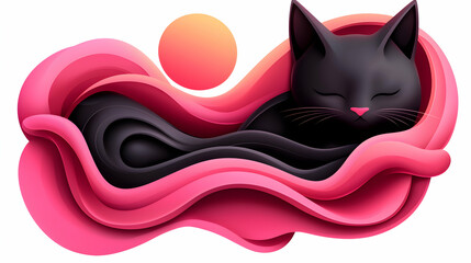 Black Cat Sleeping in Pink Abstract Waves at Sunset