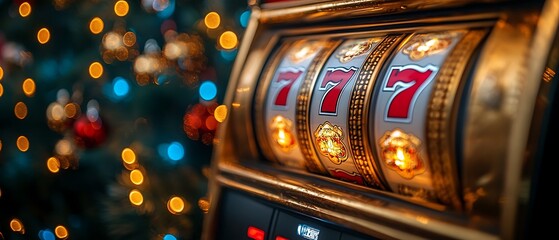 Close up of a slot machine with Christmas lights in the background