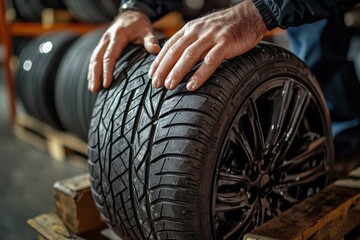 Close up of hands inspecting a brand new high performance tire with black rim, on wooden pallet in a tire shop warehouse, focusing on tire quality and tread pattern.