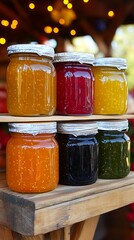 Colorful jams on wooden stall