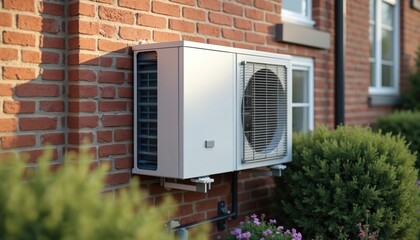 Air source heat pump unit fitted outside residential building. Exterior climate control tech air conditioner, compressor, condenser. Electric energy saving system cooling, heating, ventilation. Eco