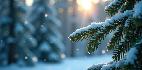 Snowflakes gently falling onto a tree covered in frosty sap, capturing the serenity of winter, evergreen, forest