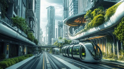 Fototapeta premium A utopian futuristic city street, green energy-powered public transport, sleek architecture --ar 16:9 --v 6.1 Job ID: 86a46176-876d-4488-985e-83fe77c693d7