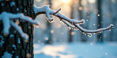 Snowflakes gently falling onto a tree covered in frosty sap, capturing the serenity of winter, sap, serene, forest