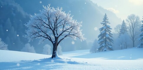 Fototapeta premium Snowflakes gently fall on the isolated tree, casting a peaceful atmosphere, solitude, landscape, calm