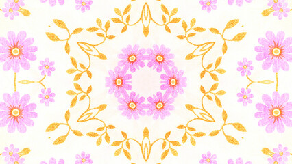 A colorful and vivid symmetric abstract design with floral kaleidoscope patterns, ideal for creative backgrounds. Kaleidoscope. Illustration