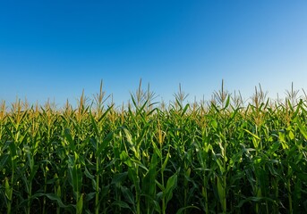 青く澄んだ空の下、緑輝くトウモロコシ畑の壮大な眺め。