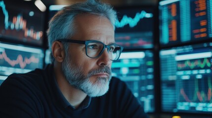 Man analyzes stock market data on multiple monitors