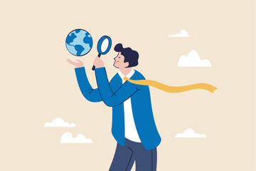 Global world economic analysis, international work opportunity, oversea research or investment country risk, region or foreign career searching concept, businessman analyze global world business.