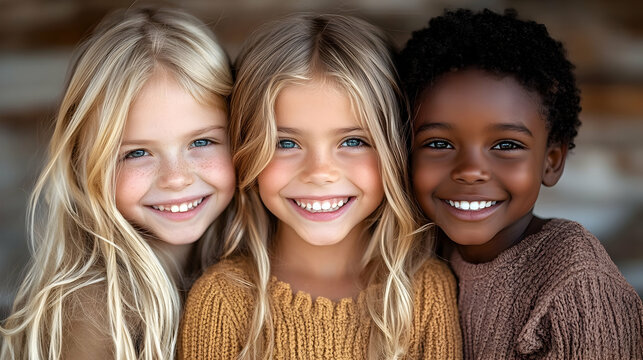 Three diverse kids smiling