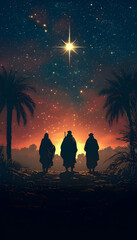 Three figures follow a bright star through the desert, palm trees