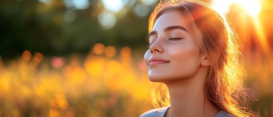 A peaceful woman is enjoying the warmth of the sunlight outside