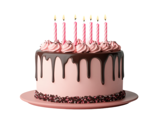 Pink cake with chocolate drizzle and candles on pink plate, cut out