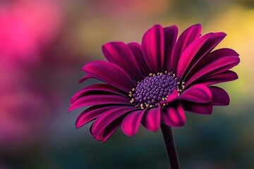 Vibrant close-up of a deep purple daisy with a detailed center, set against a soft, colorful background, highlighting the beauty and intricacy of a single flower.
