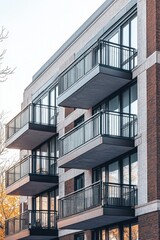 A contemporary apartment building featuring elegant, sleek balconies stands proudly in a serene residential neighborhood on a crisp autumn afternoon