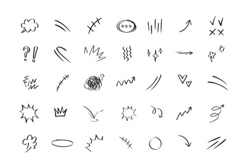 Doodle hand drawn cute cartoon expression sign. Line curve arrows, emoticon elements, symbols