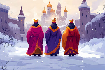Fototapeta premium Three kings in colorful robes walk toward a castle in a snowy winter wonderland