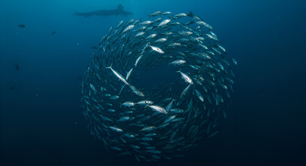 Vibrant underwater scene with a swirling school of fish in circular motion