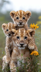 Obraz premium Three lion cubs stacked together outdoors in a meadow, looking toward viewer with yellow flowers