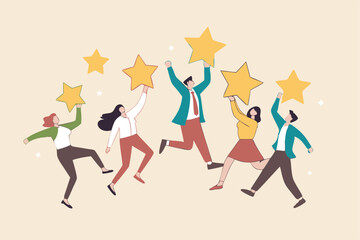 Customer experience, best score rating, client feedback or consumer review, 5 stars rating, like or positive survey, customer satisfaction concept, happy young adult customer holding 5 stars rating.