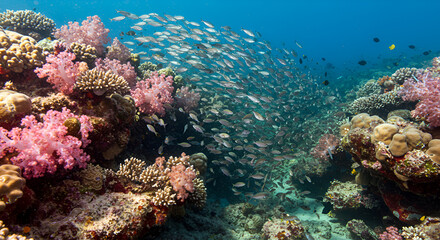 Fototapeta premium Vibrant underwater scene with school of fish swimming near colorful coral reef