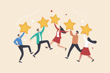 Customer experience, best score rating, client feedback or consumer review, 5 stars rating, like or positive survey, customer satisfaction concept, happy young adult customer holding 5 stars rating.
