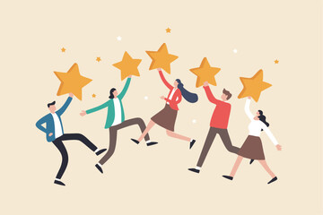 Customer experience, best score rating, client feedback or consumer review, 5 stars rating, like or positive survey, customer satisfaction concept, happy young adult customer holding 5 stars rating.