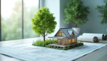 Illustration sustainable construction with eco-friendly home model, green trees. Architect integrates green practices, innovation, building design, renewable energy, efficiency. Sustainable living