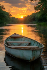 Fototapeta premium Tranquil boat on calm river at sunset with forest edge reflected in the water
