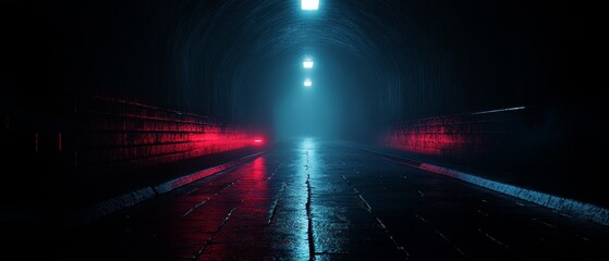 A dark tunnel with a red and blue light