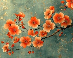 Vibrant orange blossoms on a textured teal background with gold accents