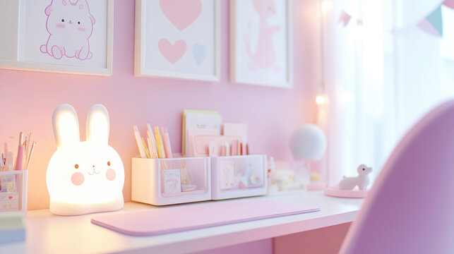 Cozy cutecore workspace for creativity with soft pastel decor and bunny lamp