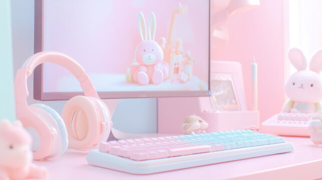 Cutecore gaming setup with pastel pink accents for a cozy tech environment