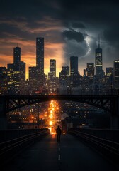Dramatic cityscape split by sunset and storm a lone figure walks towards the light. AI Generated