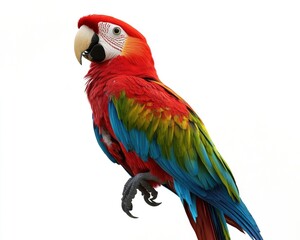 Obraz premium Vibrant Macaw Parrot Perched with Colorful Plumage Against Plain Background