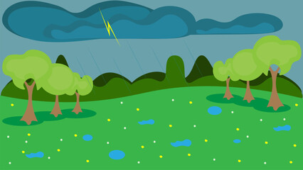 Obraz premium Cloudy rainy day. A gloomy rain cloud with lightning and raindrops. Vector flat illustration