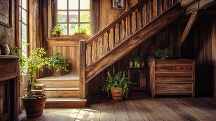 Fototapeta premium A countryside home interior with a wooden staircase made of reclaimed barn wood, giving it a weathered, rustic charm.
