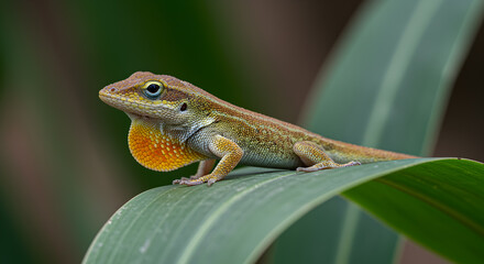 Fototapeta premium Anole lizard displaying dewlap on broad leaf in the warm sunlight environment