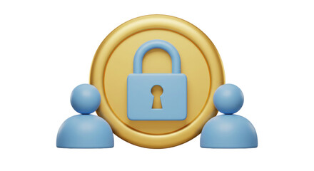 Isolated Golden Coin with Padlock and Two People Illustrating Financial Security