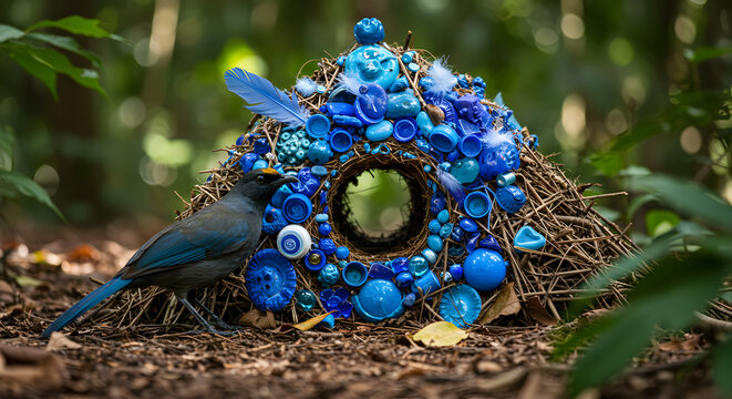 Satin Bowerbird's meticulous artistic expression in habitat, blue ornaments