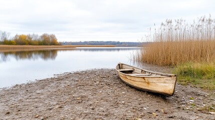 Obraz premium Tranquil wooden boat on a lake shore