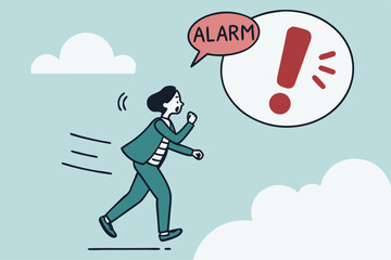 Warning message, shouting alert or danger warning, important message on loud speaker, emergency attention, safety or urgency scream concept, businessman shouting on megaphone with exclamation point.