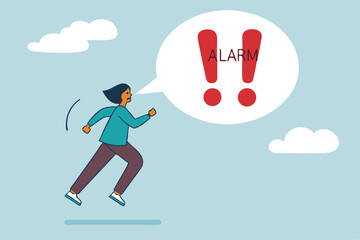 Warning message, shouting alert or danger warning, important message on loud speaker, emergency attention, safety or urgency scream concept, businessman shouting on megaphone with exclamation point.