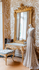 Luxurious vintage maximalist dressing room with ornate gold mirror and elegant gown