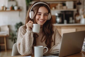 Smiling young woman with wavy brown hair wearing white headphones and a cozy sweater, sitting at a wooden table with a laptop and coffee mug in a warm, sunlit home interior.