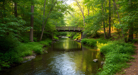 Serene Creek Under a Rustic Footbridge Surrounded by Lush Green Forest