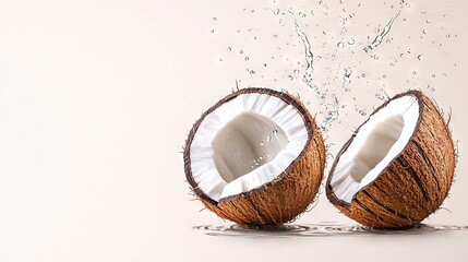  A few coconuts resting on a table beside a small pool of water